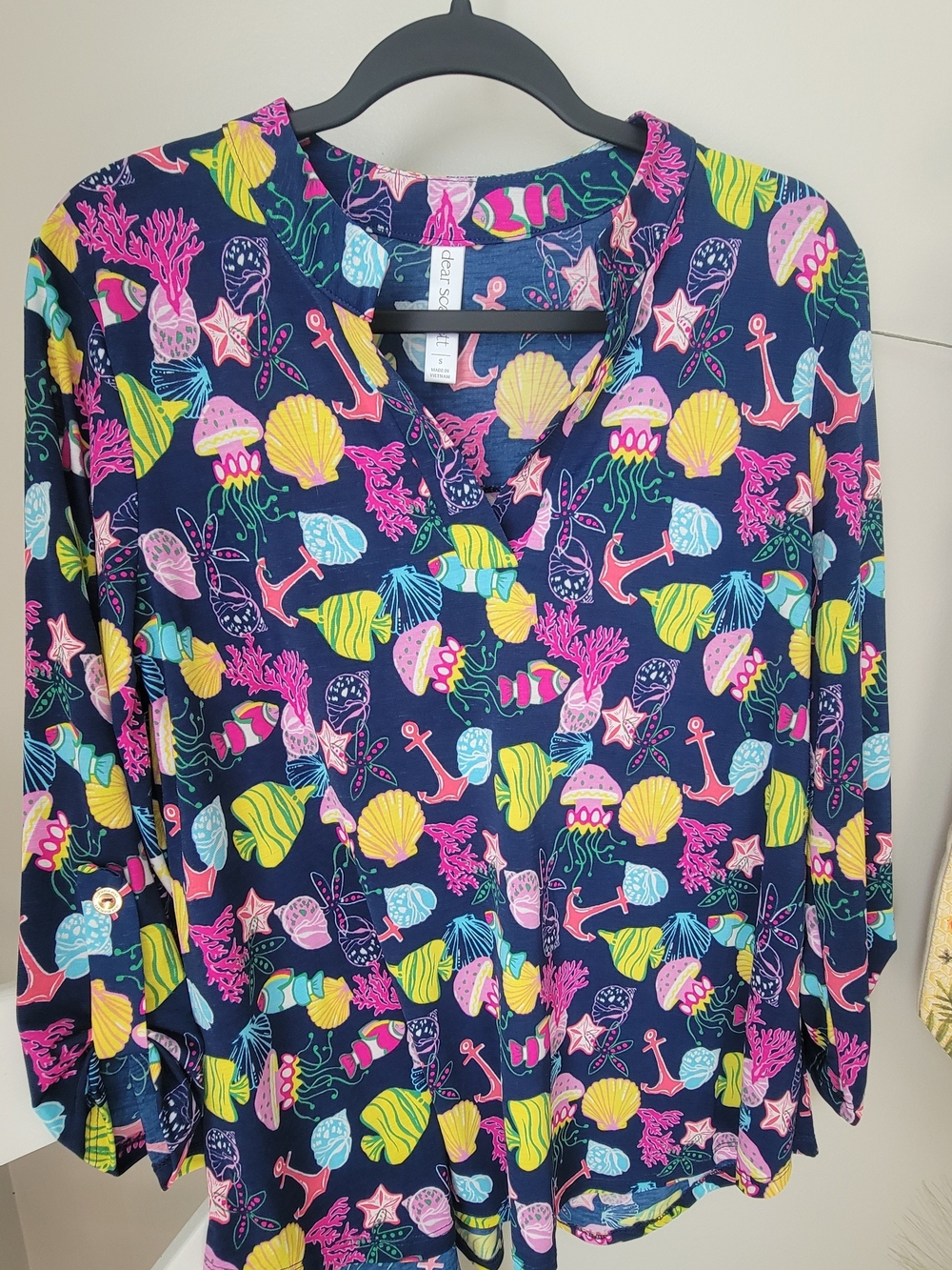 Dear Scarlett Navy Top with Pink, Yellow, Aqua Sea Life Print Size S
